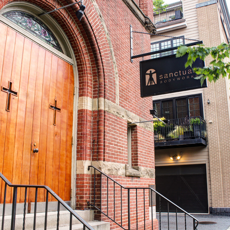 The sign and entrance to Sanctuary Body, a restored church