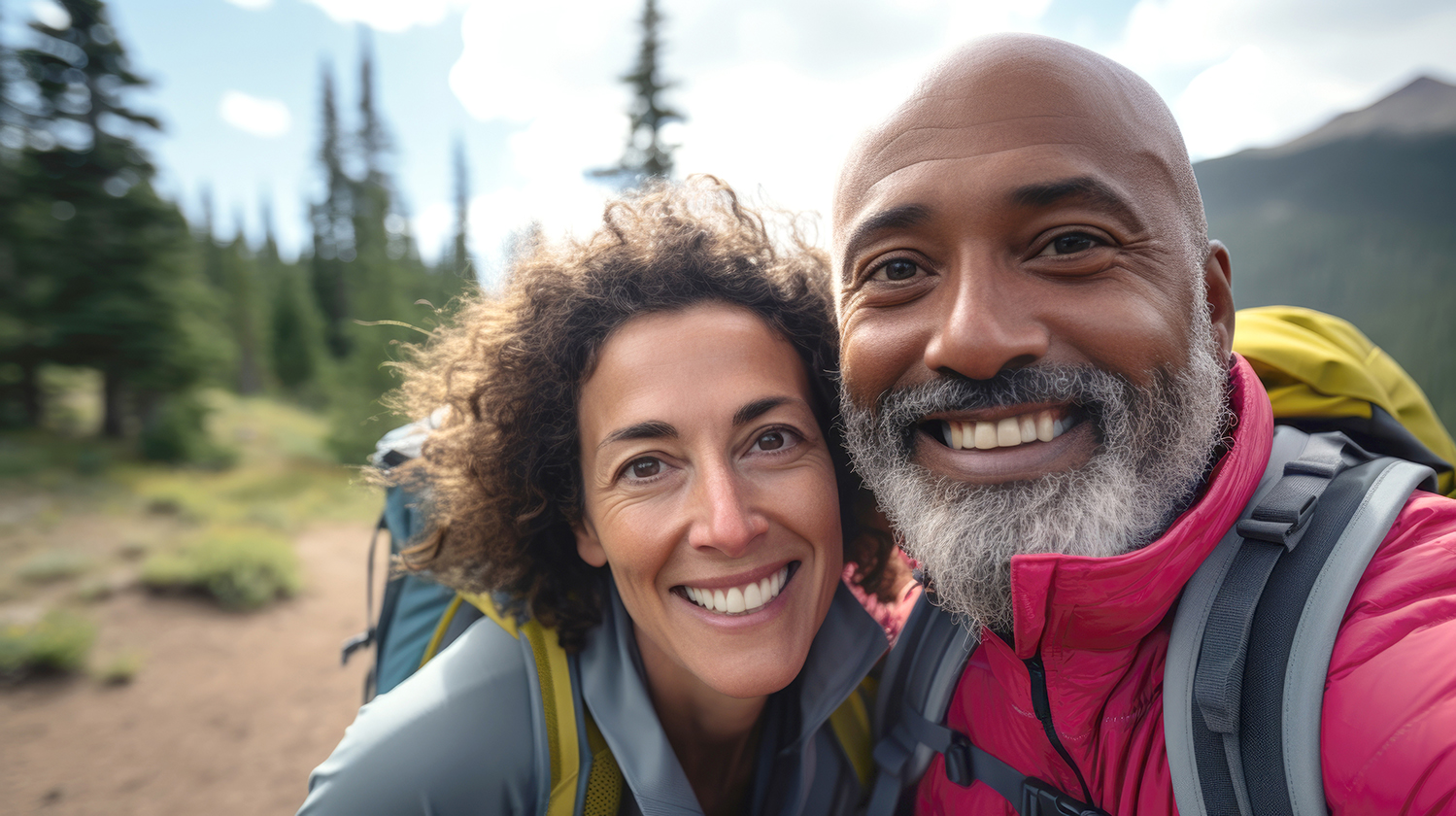 Healthy, smiling, biracial couple in their 40's on a hike.